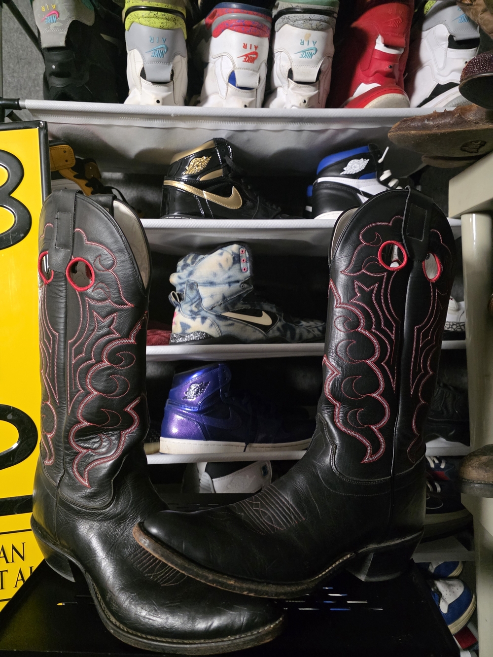 🔥 Olathe Premium! Men's Size 12 Black Leather Cowboy Boots Red Embroidery